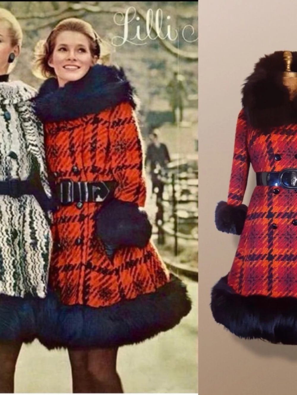 60’s Scottish Knit Plaid Red LIlli Ann Coat with Fox Fur Trim